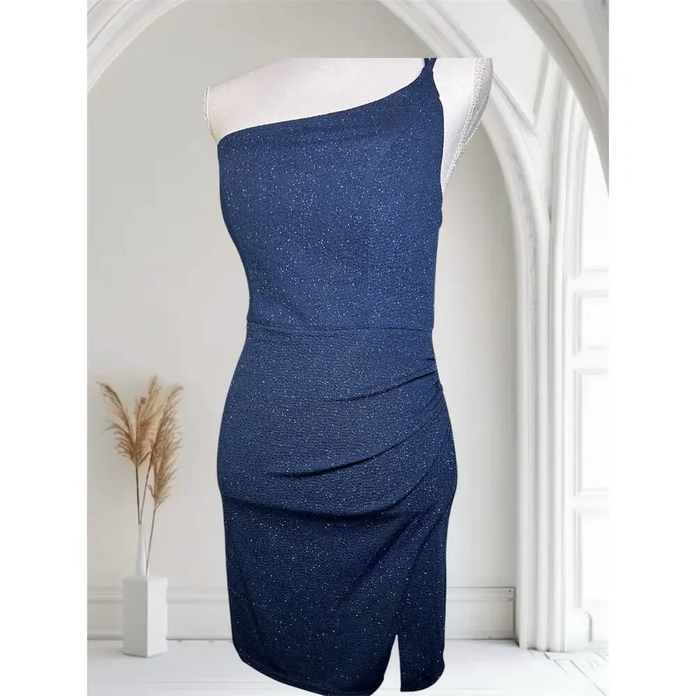 Midnight Doll Asymmetrical one-shoulder neckline, Navy Blue Shimmer Dress-Size S - Picture 1 of 13
